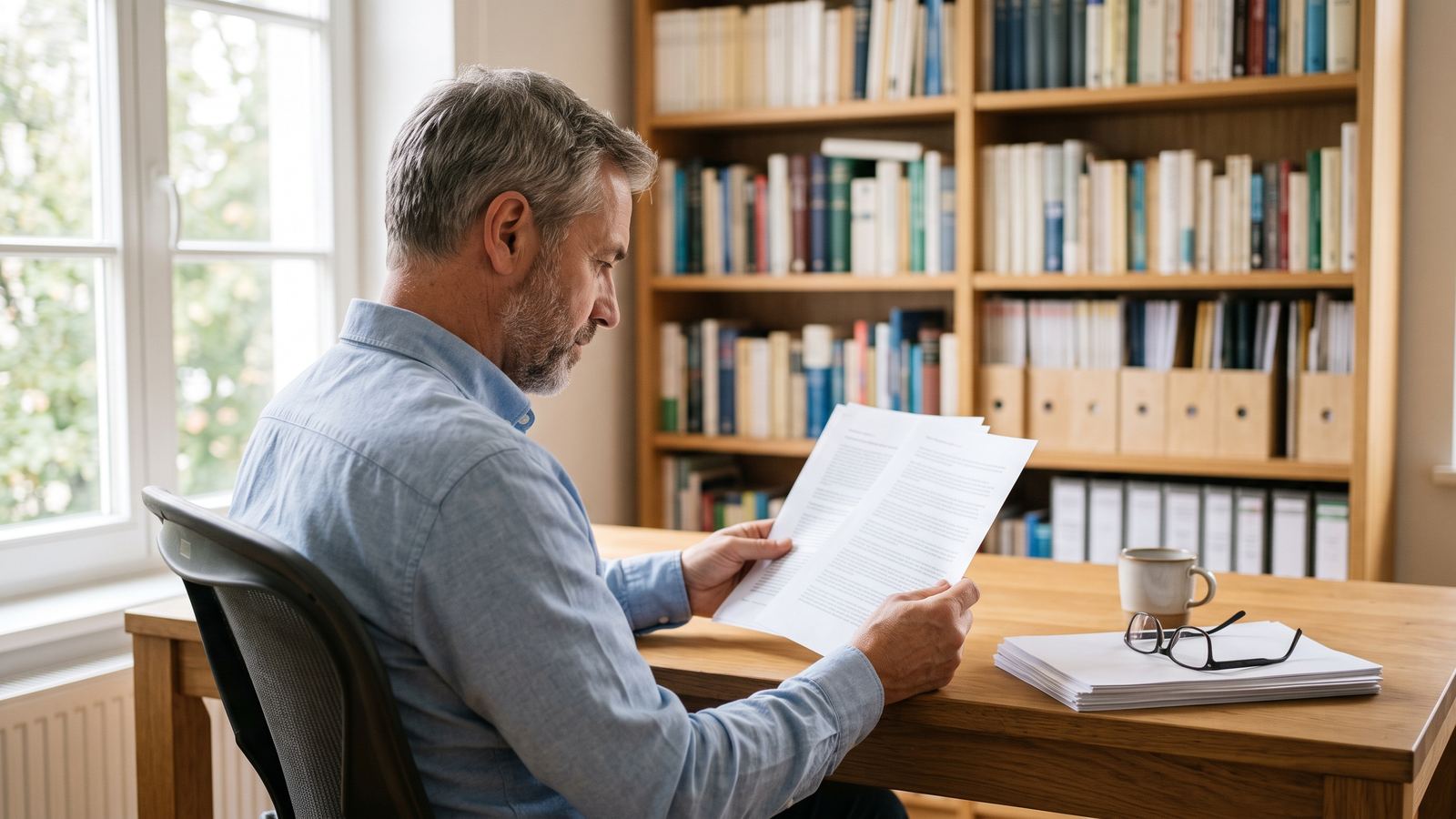 Médecin assis à son bureau lisant des documents imprimés devant une bibliothèque