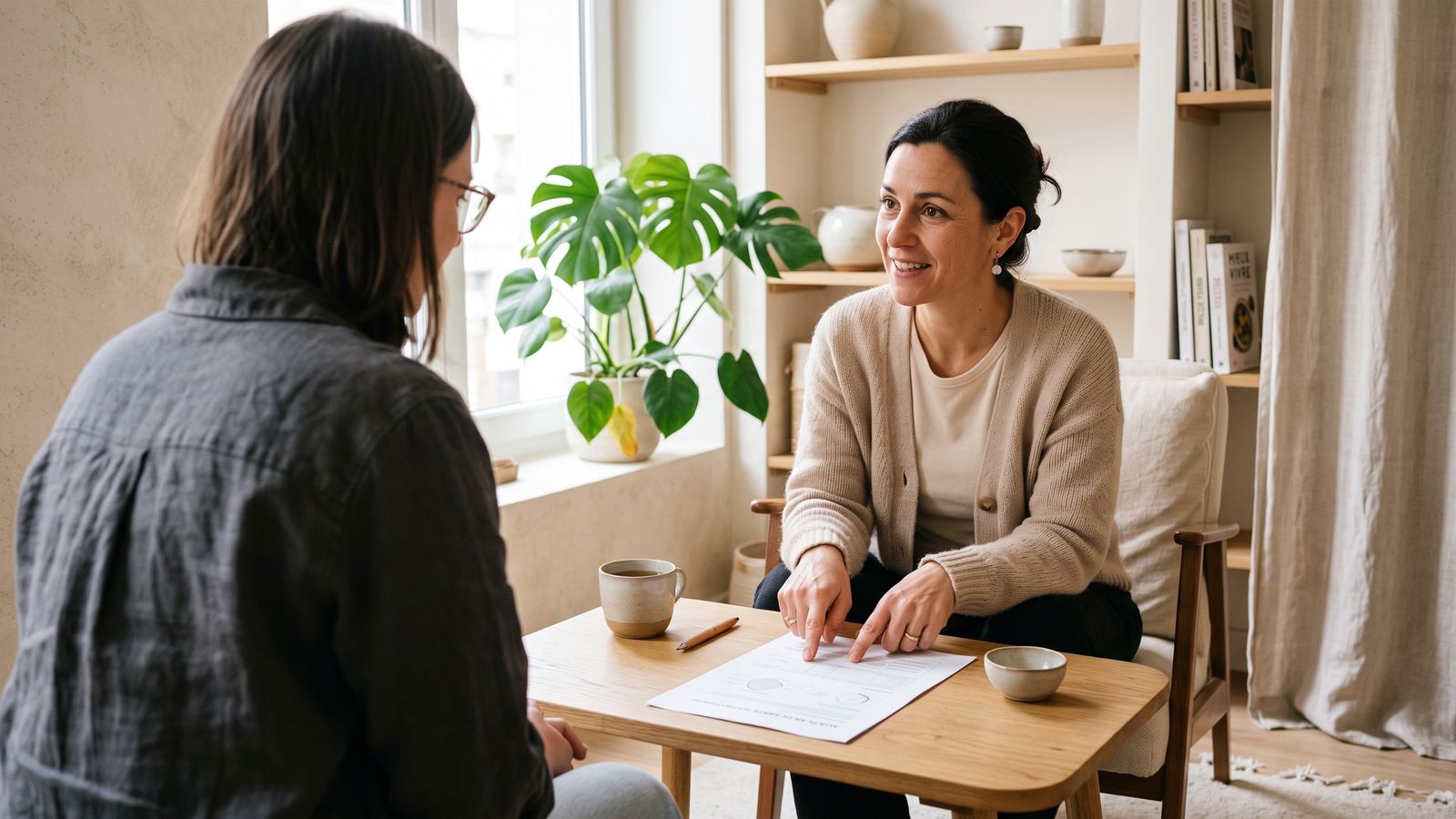 Praticienne et cliente assises face à face autour d'une table basse avec un document