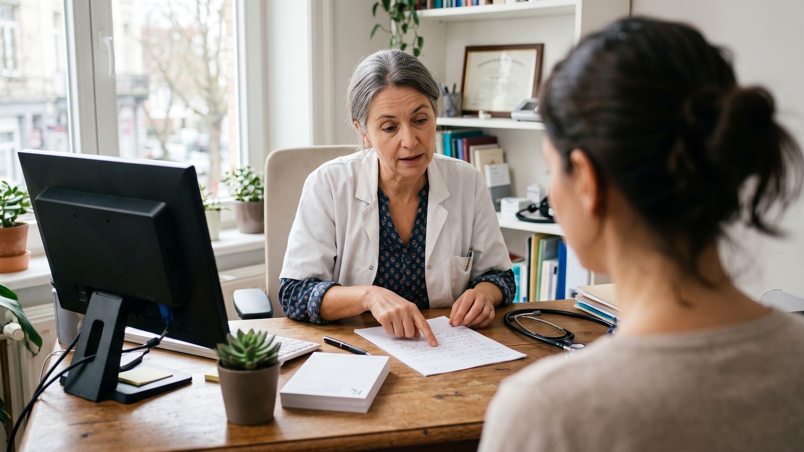 Médecin en blouse blanche expliquant un document à une patiente dans son cabinet