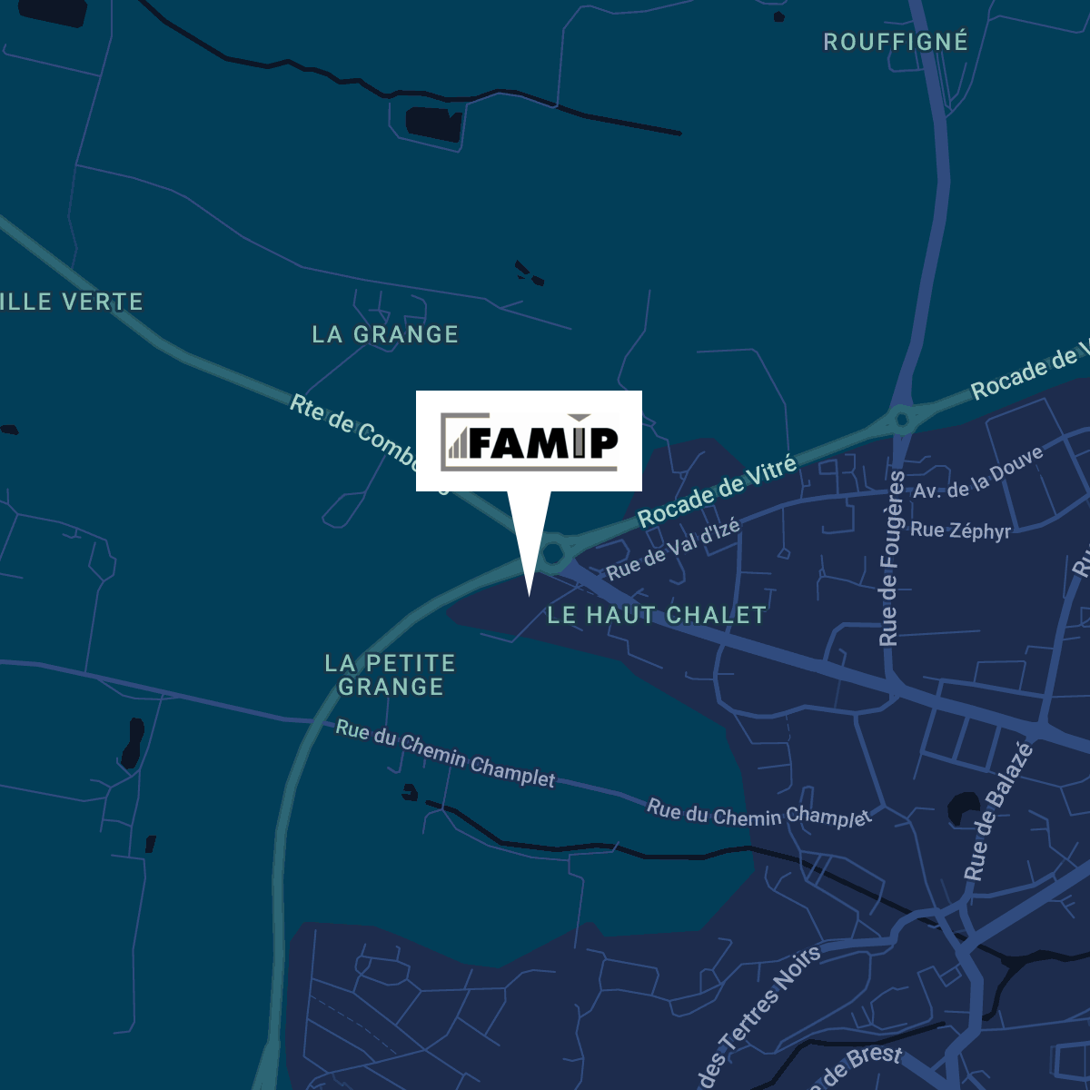 Map showing the location of FAMIP at the intersection of Rte de Combourg and Rocade de Vitré near Le Haut Chalet in a blue-themed street layout.
