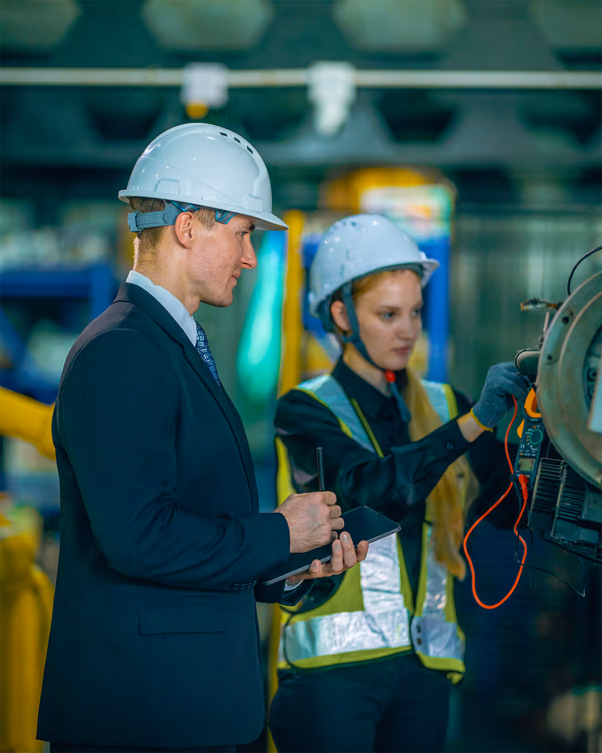 Man in a suit and white hard hat holding a tablet observes a woman in safety gear and hard hat using a multimeter to check industrial equipment.