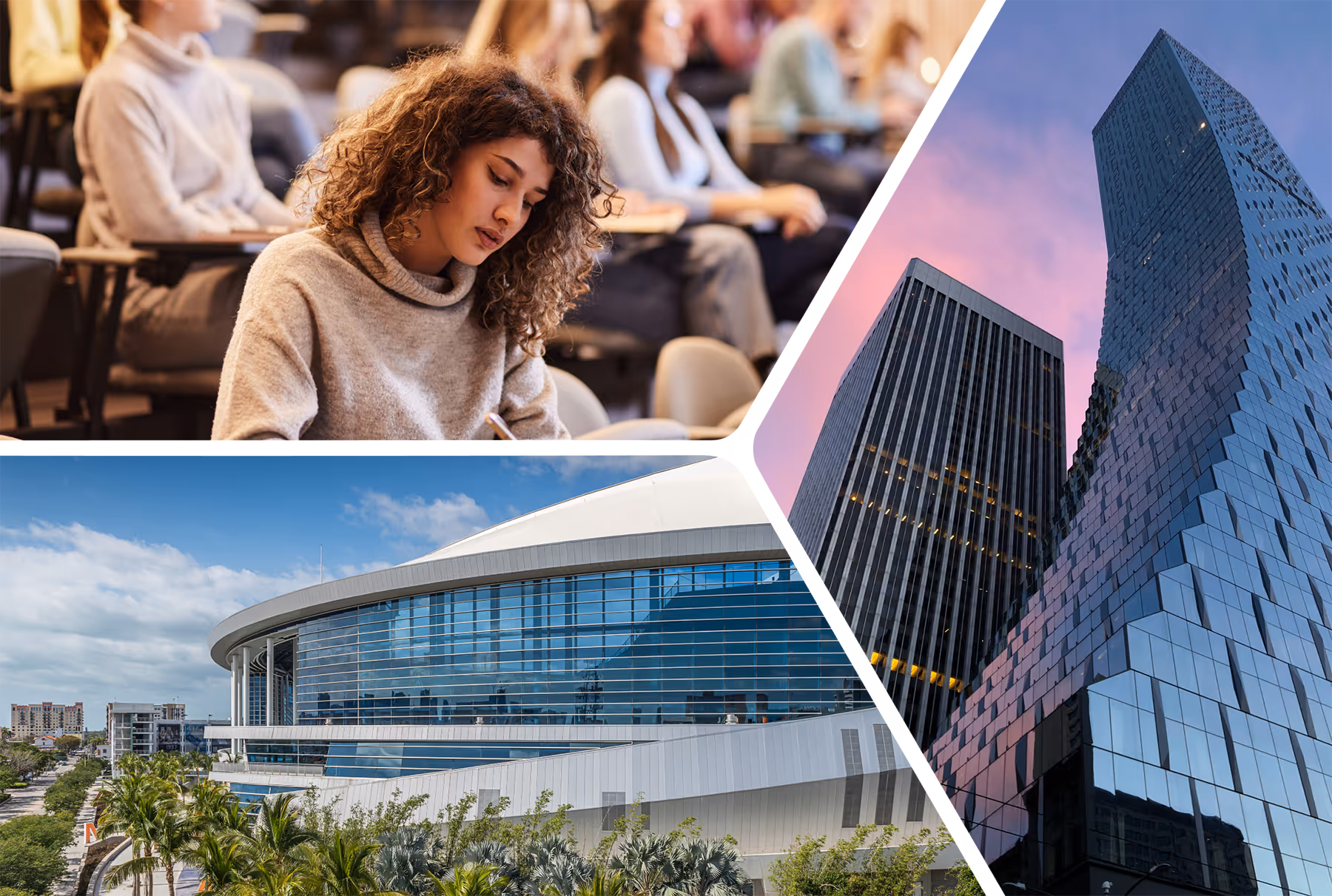 Collage of a woman studying in a classroom, a modern glass building at sunset, and a stadium with palm trees under a blue sky.