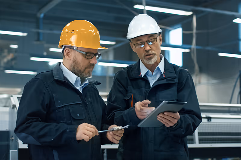 Two engineers wearing safety helmets and glasses discussing plans using a tablet in an industrial facility.