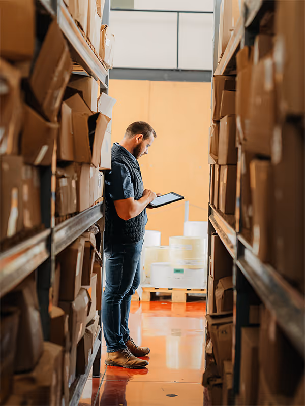 Man standing between shelves filled with cardboard boxes, using a tablet in a warehouse.