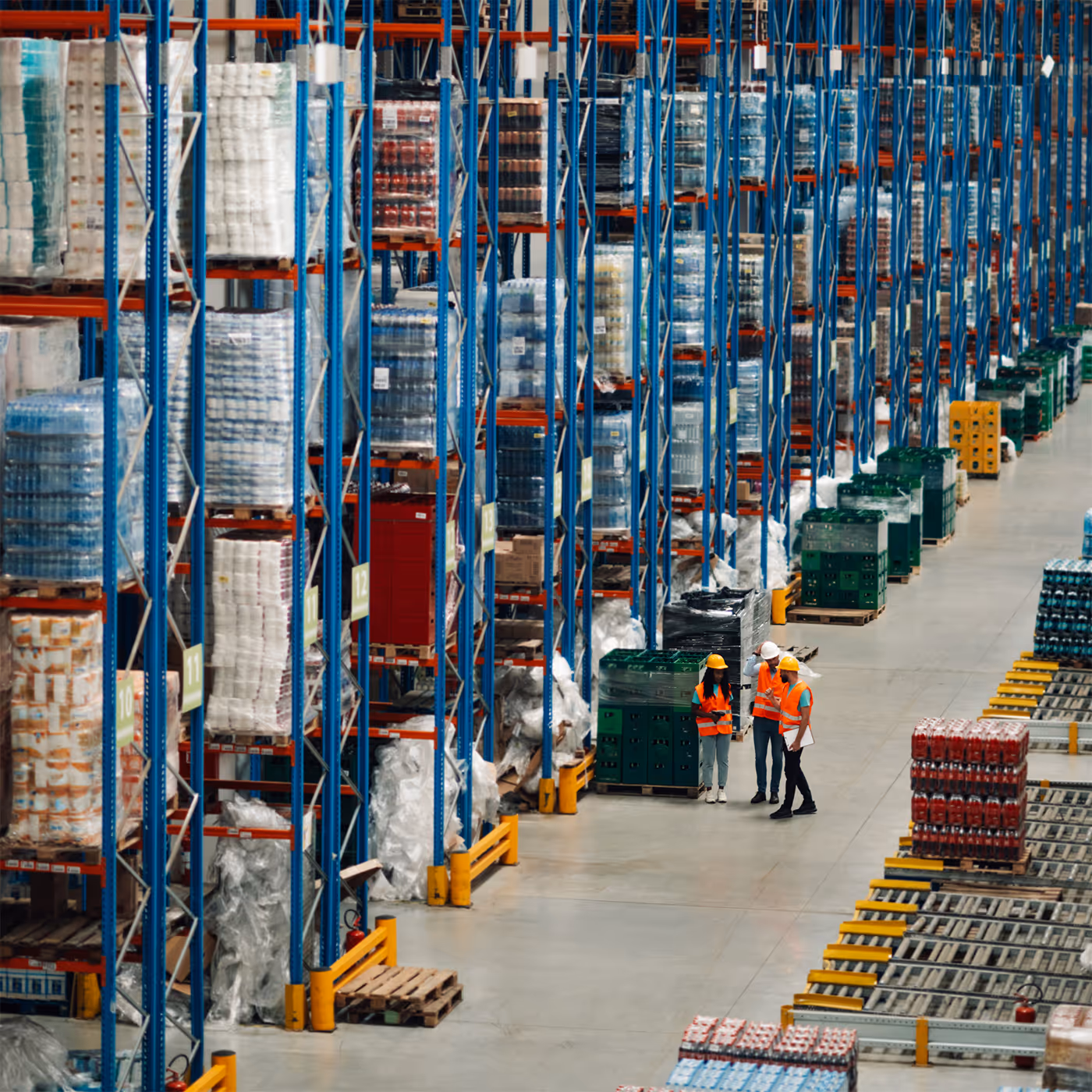 Workers in orange safety vests and helmets standing and discussing inside a large warehouse with tall blue storage racks filled with pallets of goods.