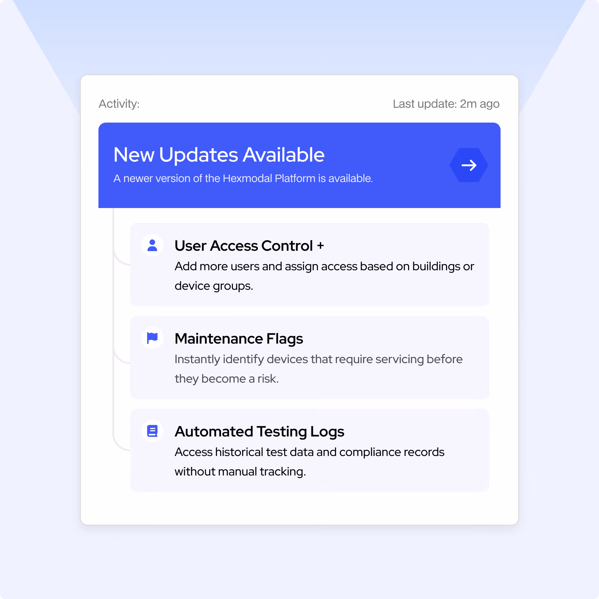 Software update notification panel showing new updates available for the Hexmodal Platform with features: User Access Control, Maintenance Flags, and Automated Testing Logs.