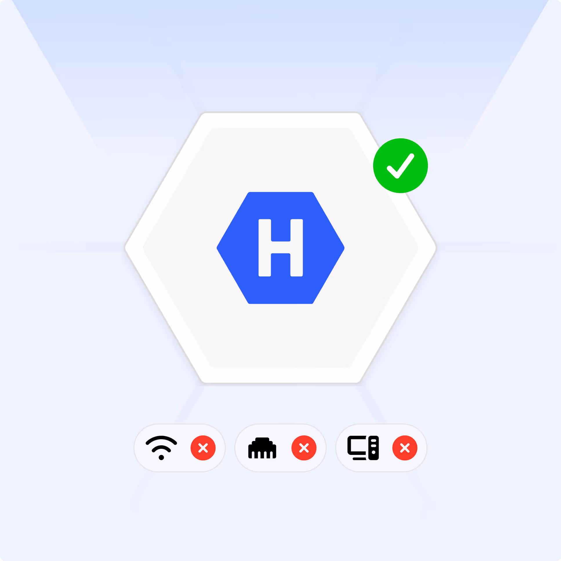 Blue hexagon with white H and green check mark above icons for Wi-Fi, Ethernet, and computer with red crosses below.