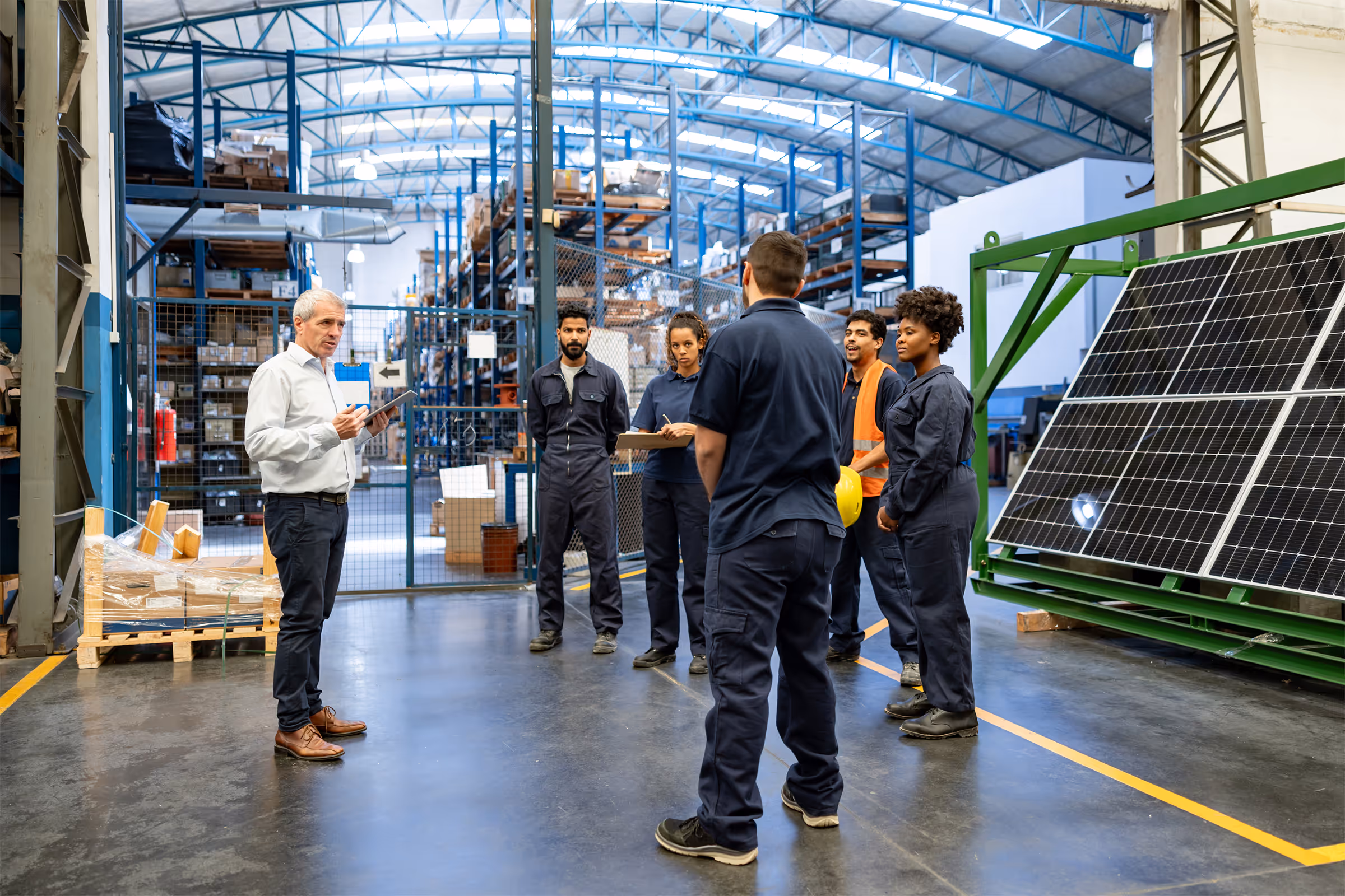 Supervisor in white shirt briefing a diverse group of factory workers standing around in a warehouse near solar panels.