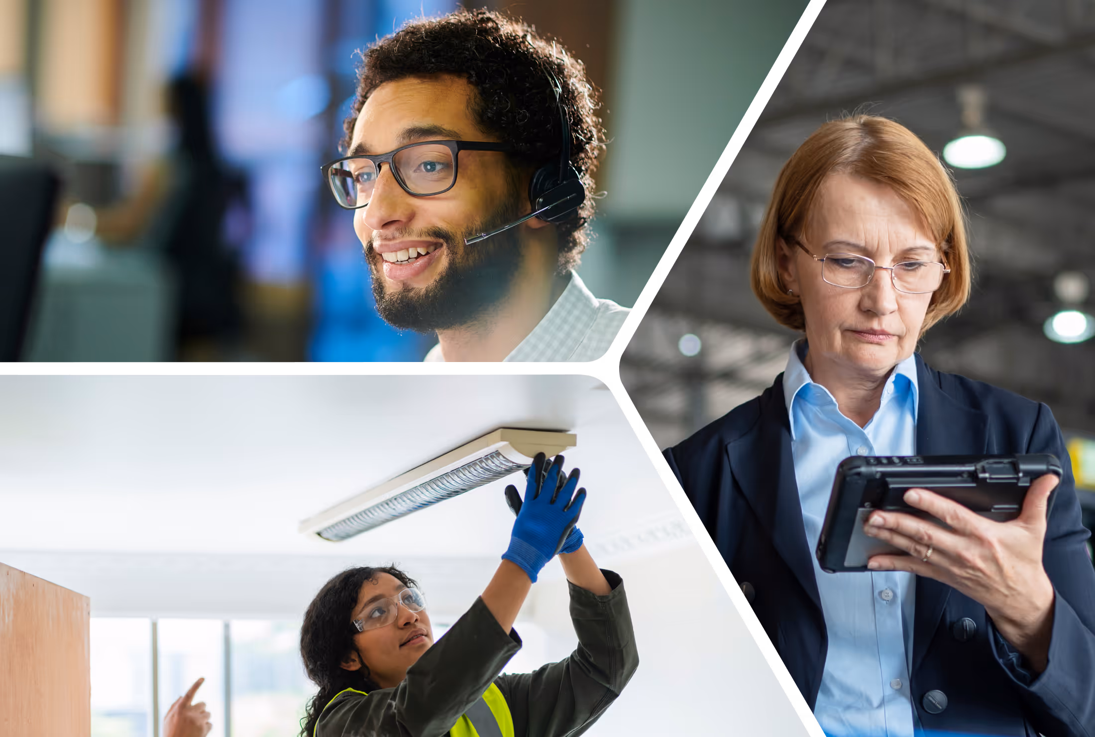 Collage of professionals: a man smiling with a headset in an office, a woman adjusting a ceiling light fixture wearing safety gloves, and a woman in business attire using a digital tablet in a warehouse.