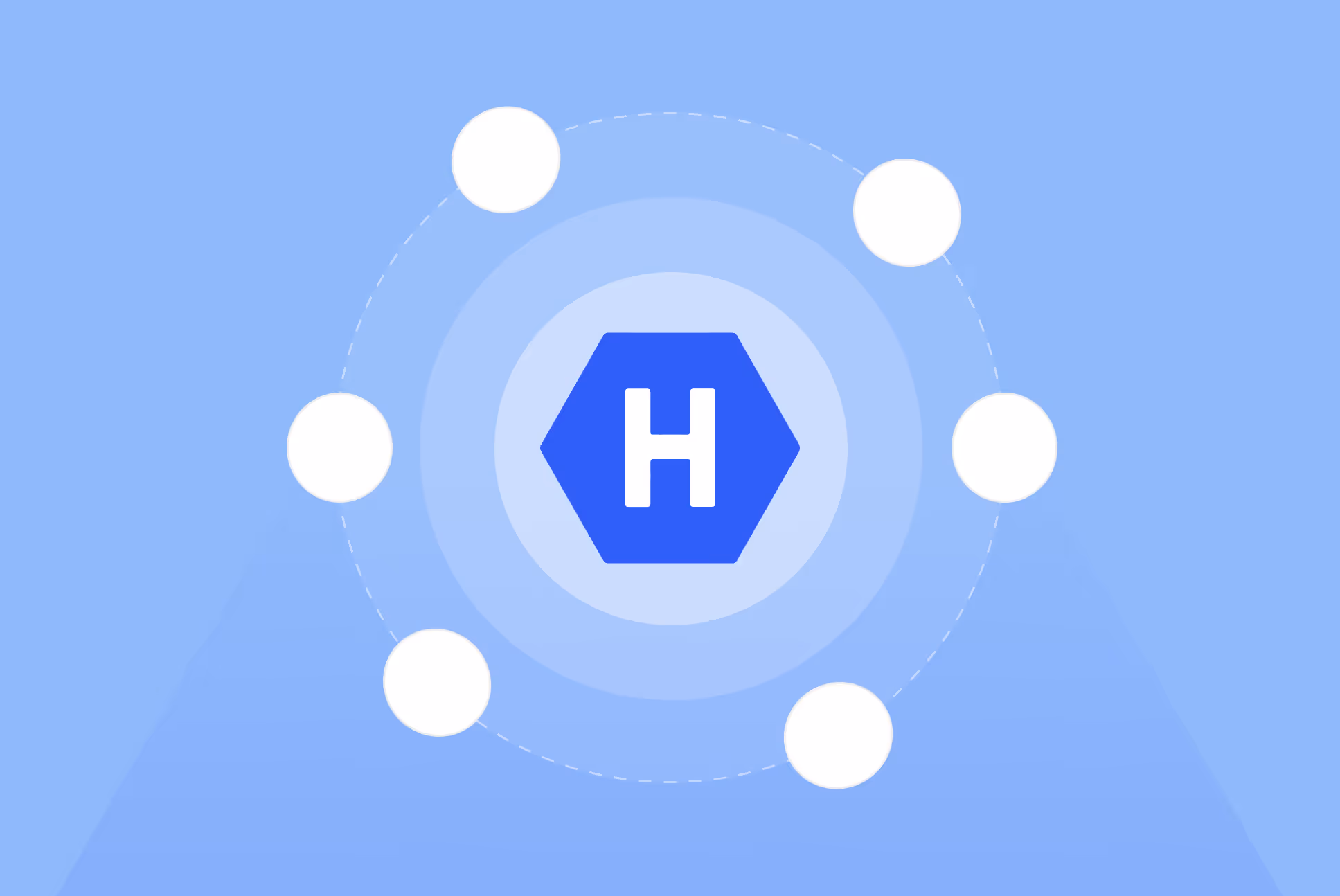 Hexagonal icon with letter H at center surrounded by six connected white dots on a blue background.