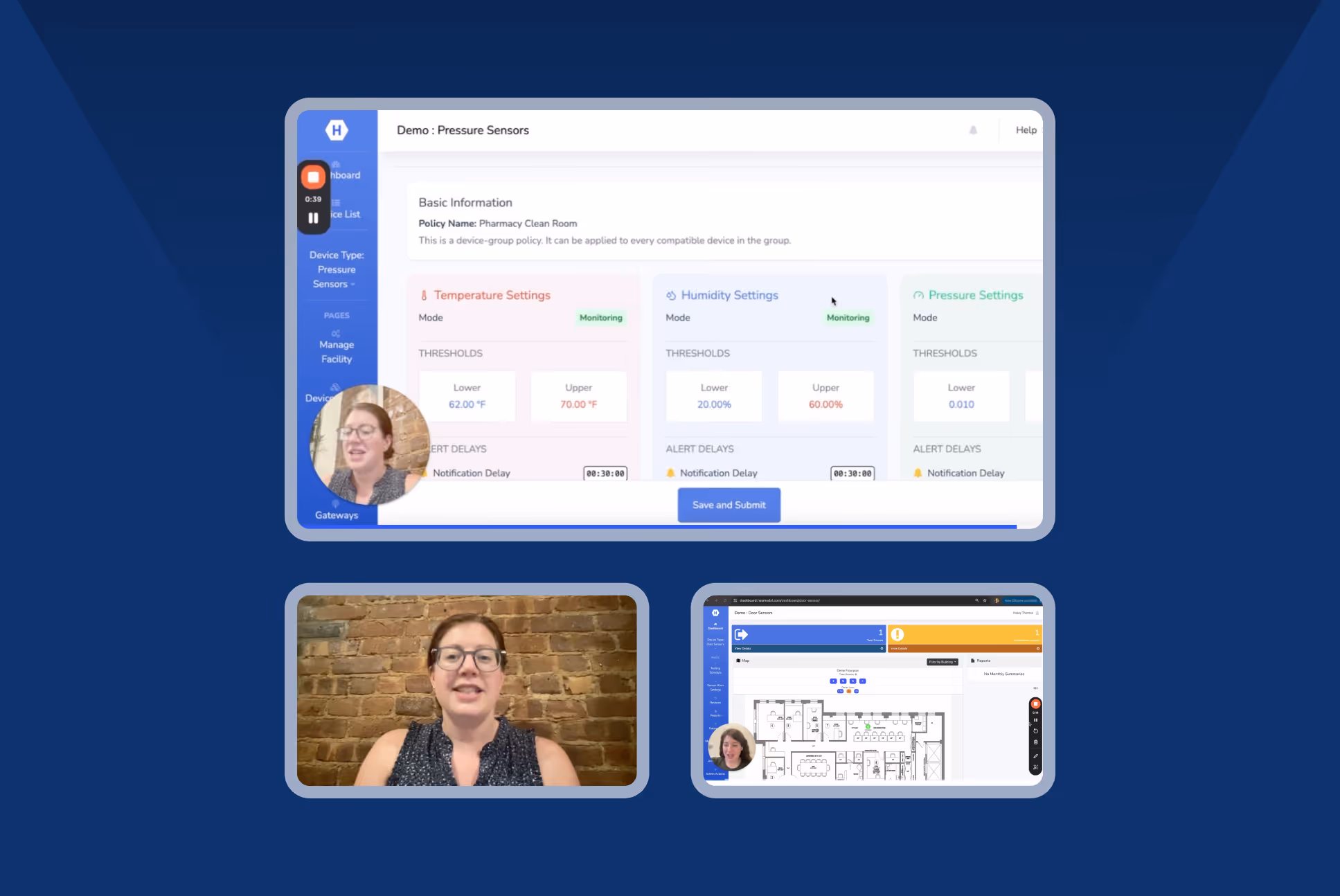 Video call interface showing a woman with glasses speaking with a brick wall background, along with screenshots of a software dashboard for pressure, humidity, and temperature sensor settings.