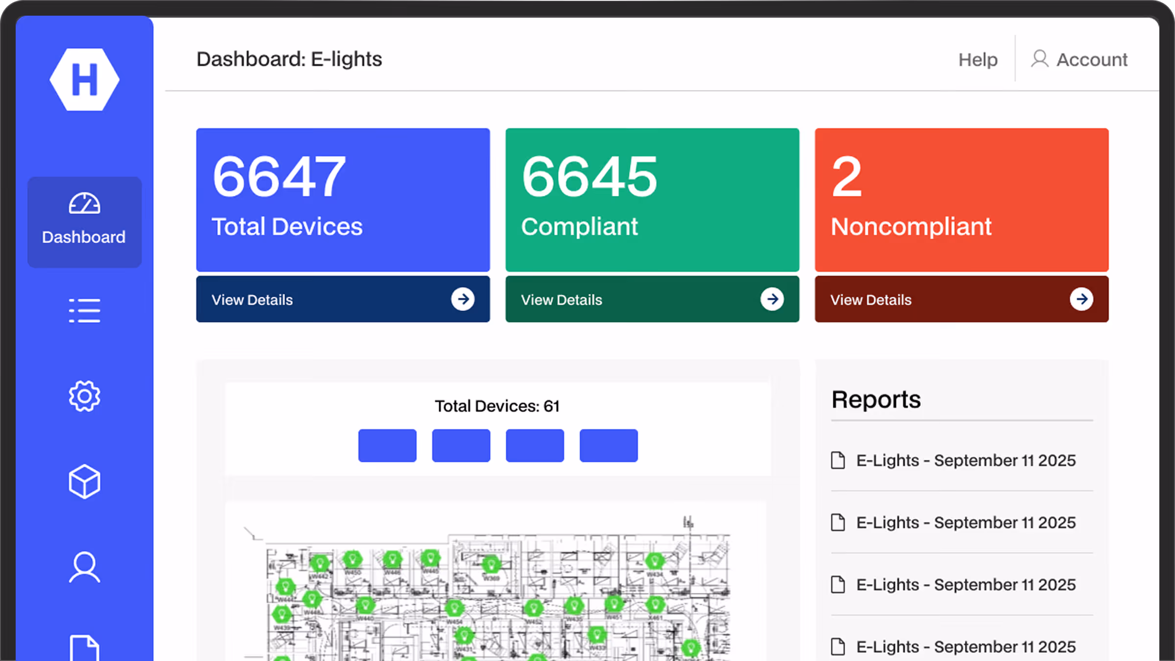 E-lights dashboard showing 6647 total devices, 6645 compliant, 2 noncompliant, with a floor plan map and report list dated September 11, 2025.