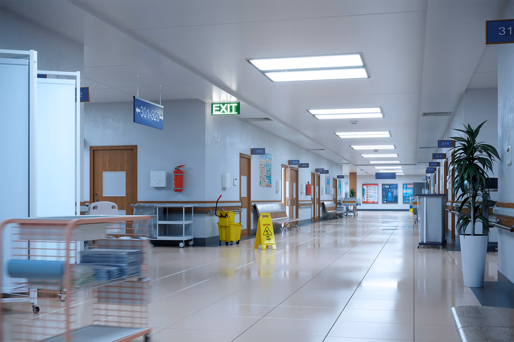 Empty, clean hospital corridor with numbered patient rooms, benches, and wet floor signs.