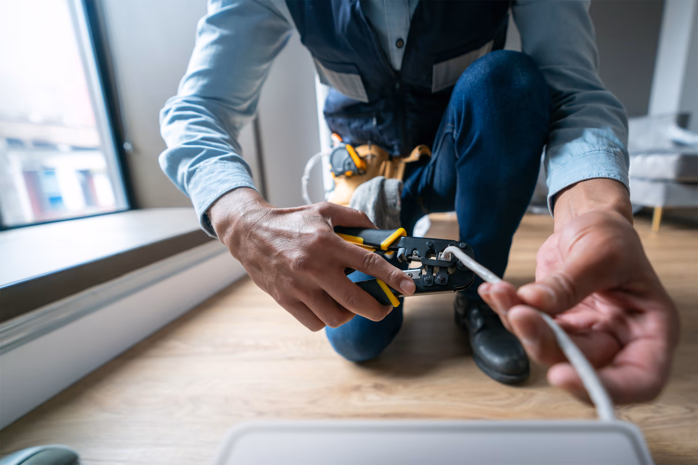 Person kneeling on floor using a crimping tool to attach a connector to a white cable.