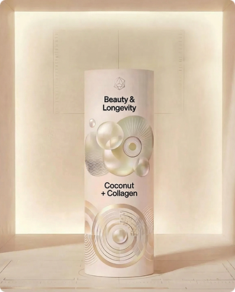 Decorative cylindrical container labeled 'Beauty & Longevity Coconut + Collagen' with abstract circular patterns on a softly lit beige background.