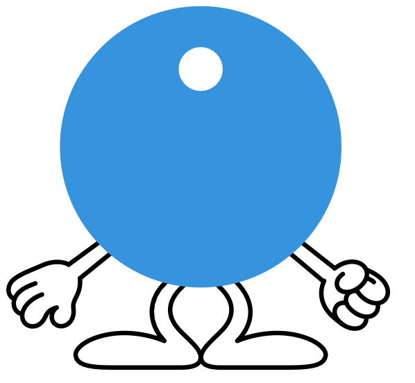 Blue round character with a white circle near the top, cartoon arms and legs with gloved hands.