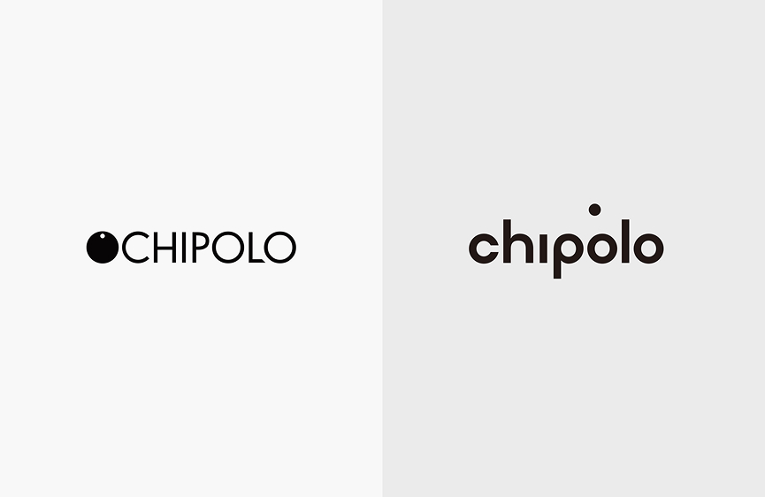 Two variations of the Chipolo logo: left in uppercase black letters with a solid black circle incorporated in the letter C, right in lowercase black letters with a dot above the second o.