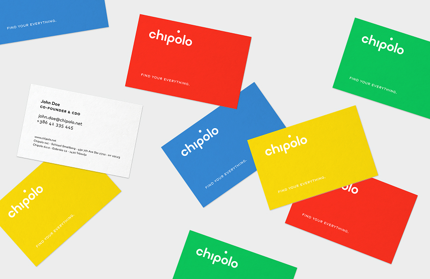 Colorful Chipolo business cards scattered on a light surface, with one white card showing contact details for John Doe, Co-Founder & CDO.