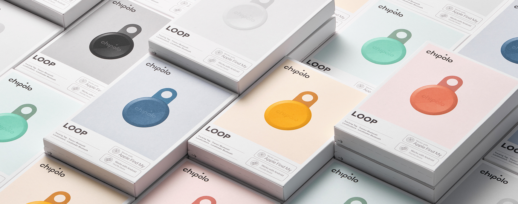 Multiple colorful Chipolo Loop Bluetooth tracking tag packages arranged in a grid.