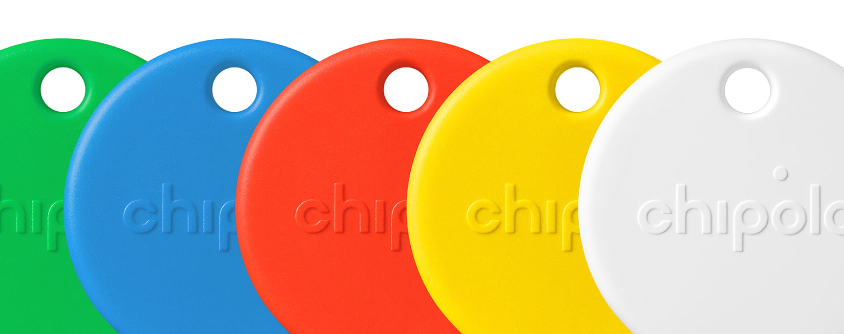 Five round Chipolo key finders in green, blue, red, yellow, and white colors lined up overlapping.