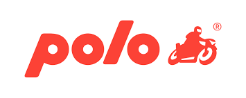 Logo der Firma Polo Motorrad in Rot mit einer stilisierten Motorrad- und Fahrer-Ikone.