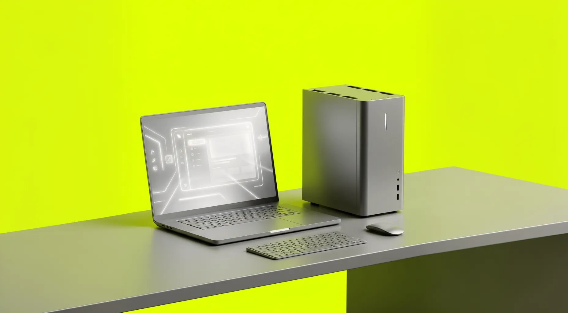 Laptop, Desktop-PC, Tastatur und Maus auf grauem Tisch vor leuchtend gelbem Hintergrund.