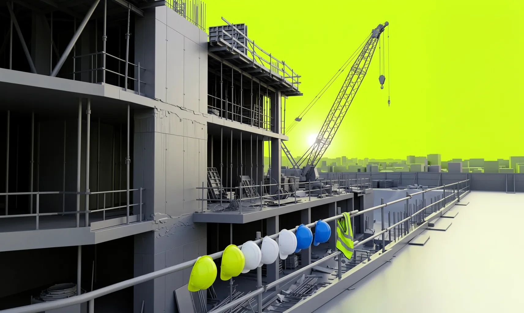 Baustelle mit Helmen und Warnweste an Geländer, Kran und Gebäudestruktur bei Sonnenuntergang vor leuchtend gelbem Hintergrund.