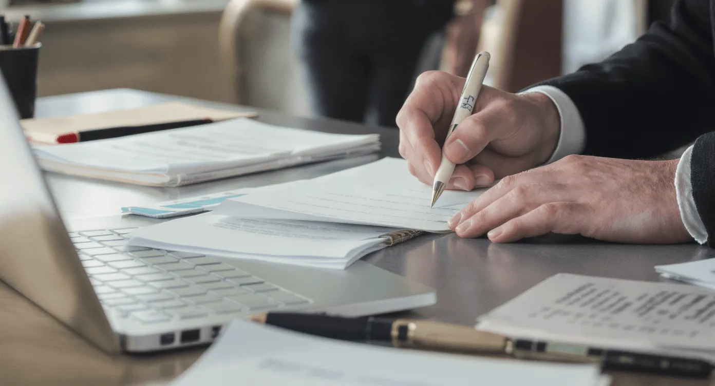 Person schreibt auf Papier am Schreibtisch mit Laptop und mehreren Dokumenten.