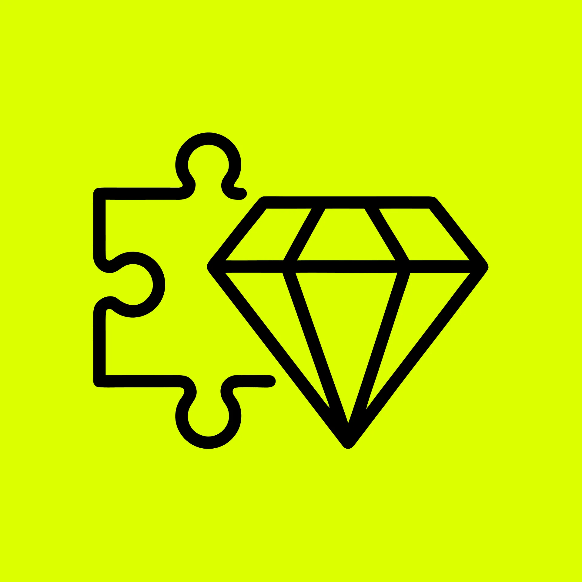 Schwarzweißes Puzzle-Symbol mit Diamant auf neongelbem Hintergrund.