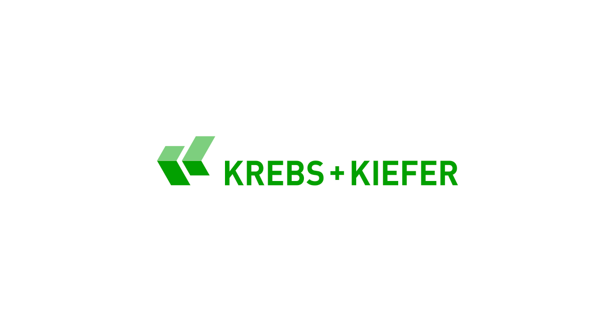 Logo von Krebs und Kiefer Unternehmen mit grünem Symbol und Schriftzug.