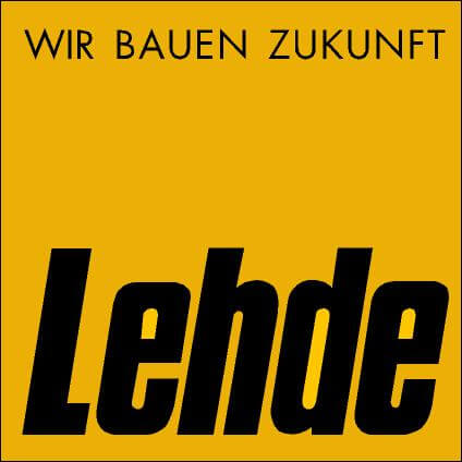 Gelbes Logo mit schwarzem Text 'Wir bauen Zukunft' und großem Schriftzug 'Lehde'.