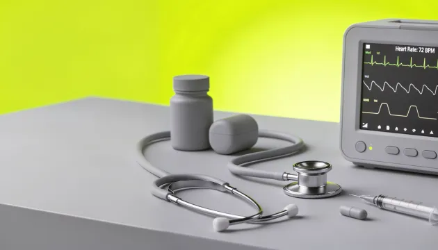 Medizinische Geräte und ein Monitor mit Herzfrequenz auf grauem Tisch vor leuchtend gelbem Hintergrund.