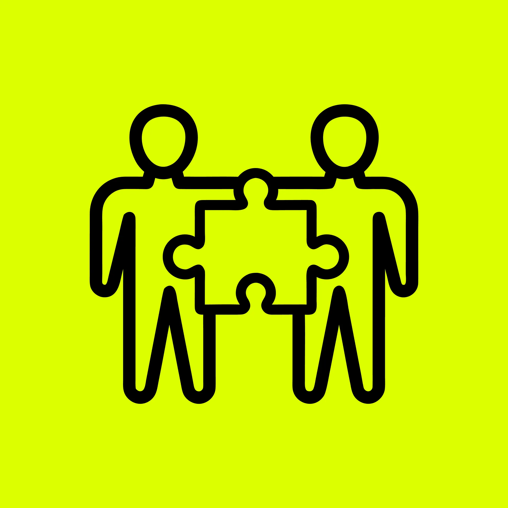 Schwarzes Icon mit zwei Menschen und einem Puzzleteil auf gelbem Hintergrund