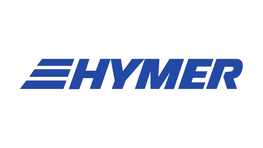 Logo der Firma Hymer in blauer Farbe auf weißem Hintergrund.