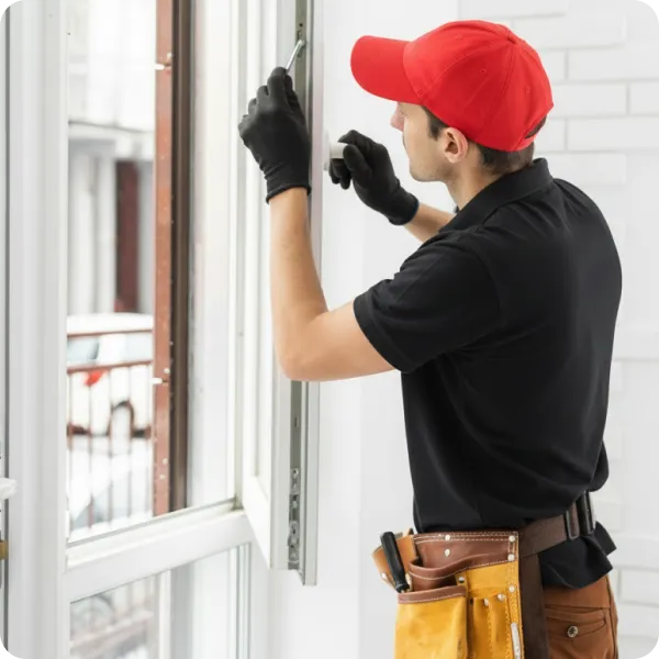 Technician in a red cap and black shirt repairing a white window frame with tools.