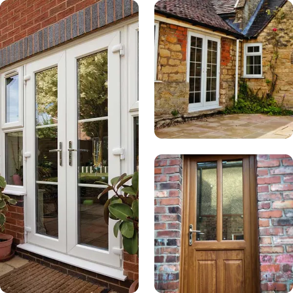 Collage showing three exterior doors: white double glass French doors on brick, white double glass doors on stone wall, and brown wooden door with glass panels on brick.