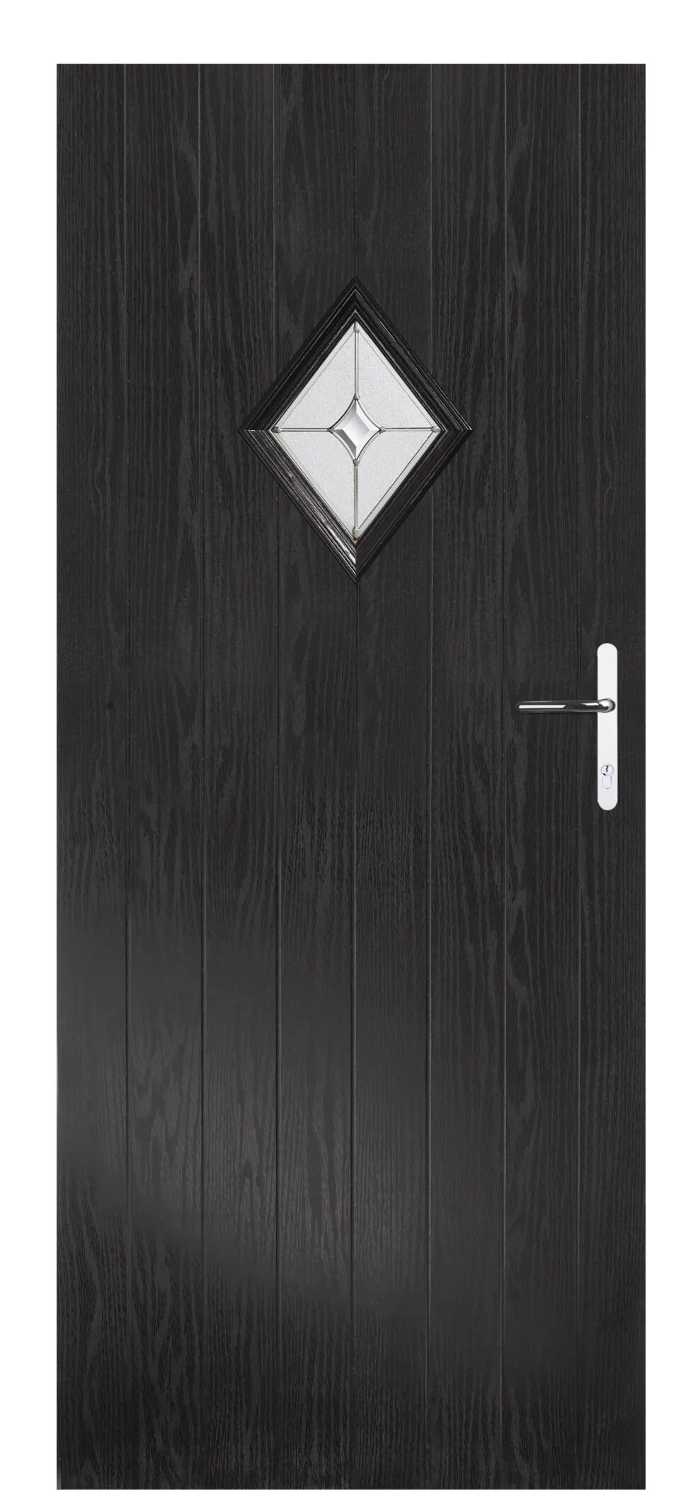 Black wooden door with vertical panels, diamond-shaped frosted glass window in the center, and silver handle with keyhole on the right.