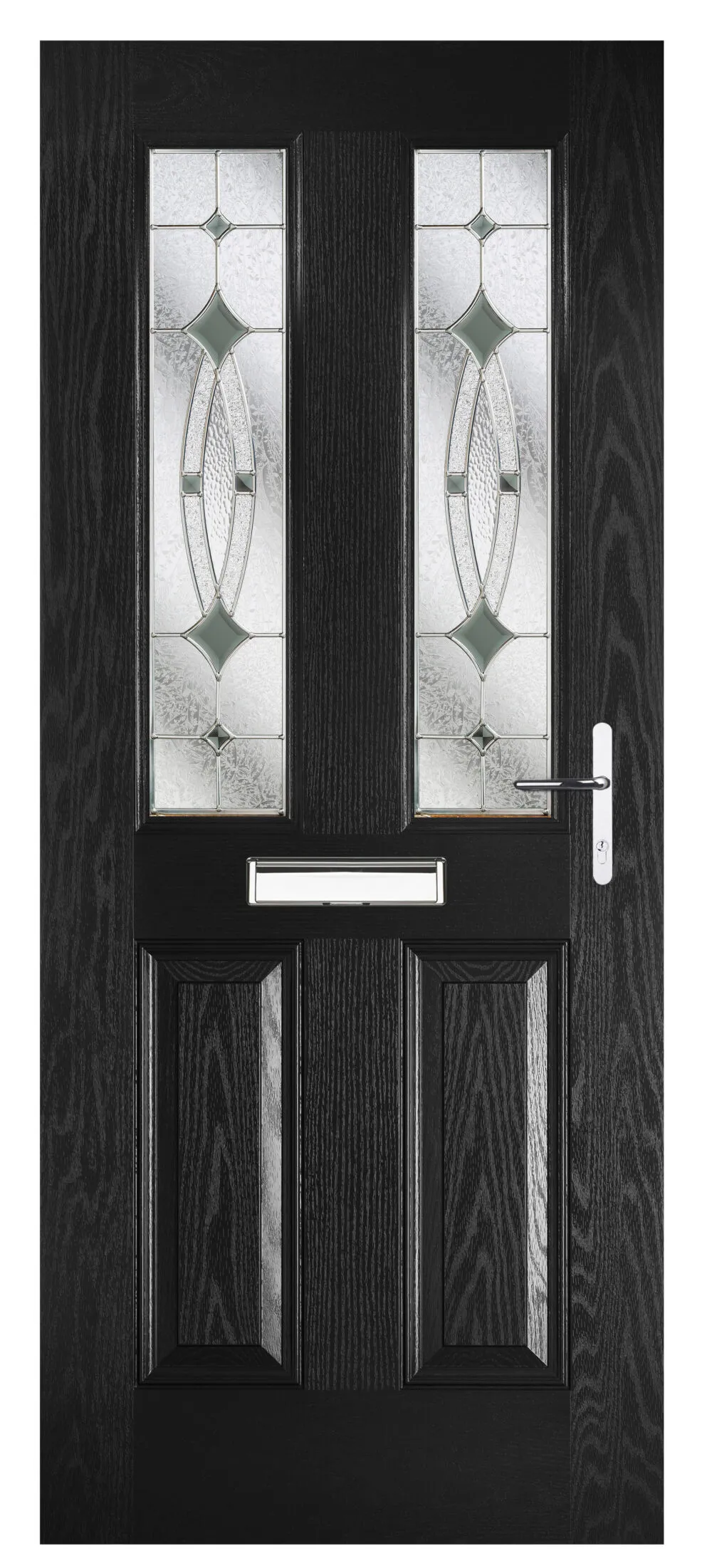 Black front door with two vertical decorative glass panels, a silver mail slot, and a silver door handle with lock.