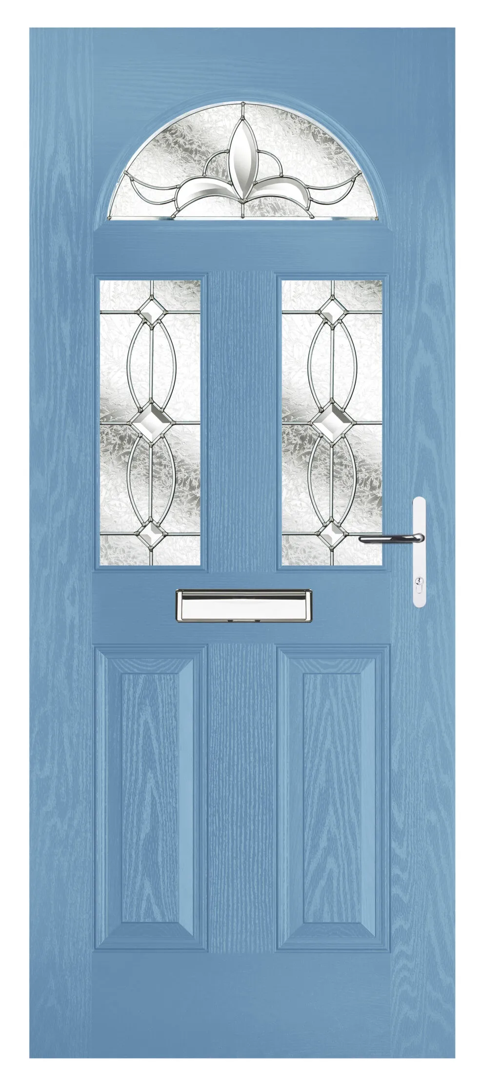Pastel blue front door with decorative glass panels and silver handle and mail slot.