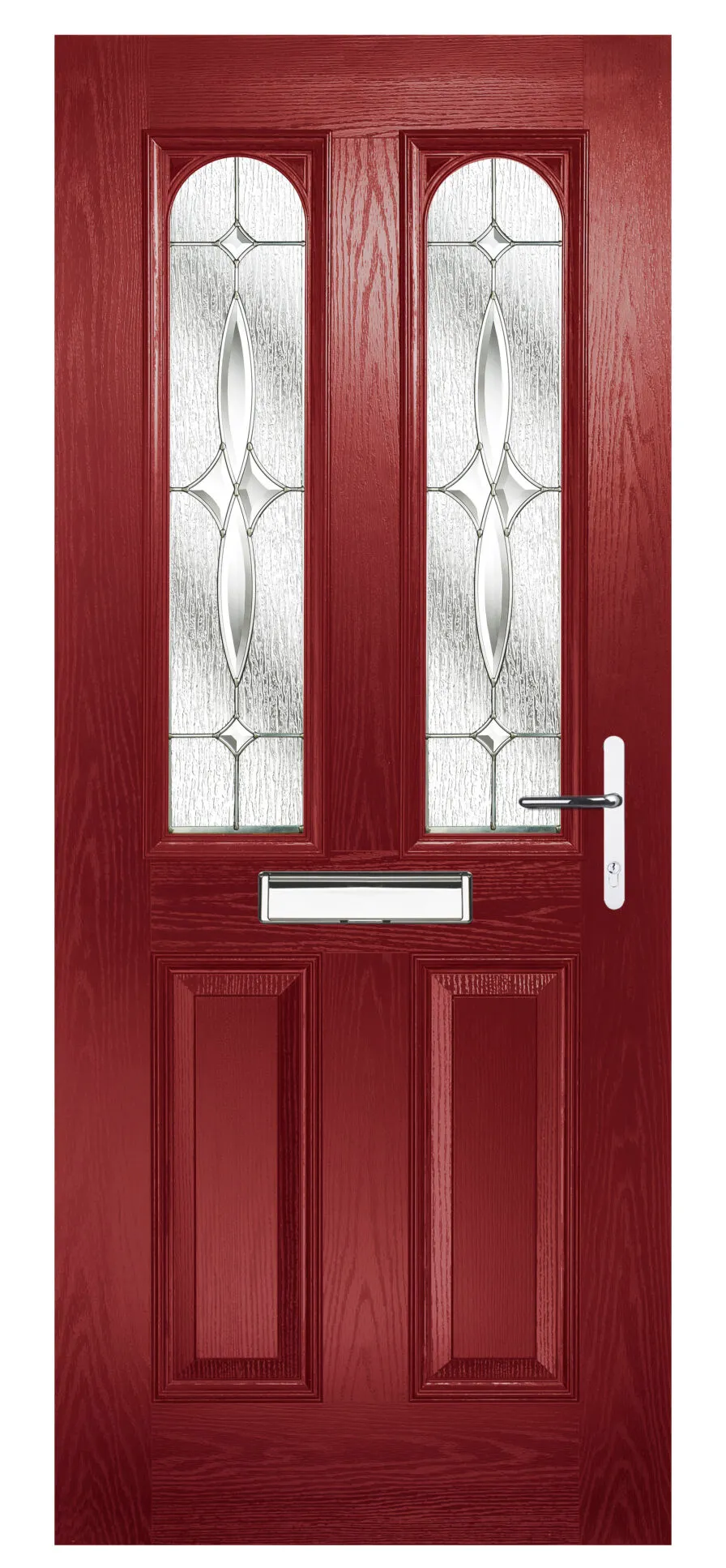 Red front door with two vertical decorative glass panels, a silver mail slot, and a silver handle with a keyhole.