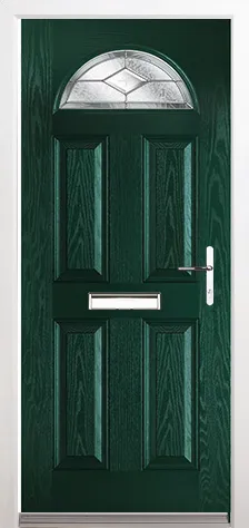 Dark green paneled front door with silver handle, mail slot, and arched frosted glass window at the top.