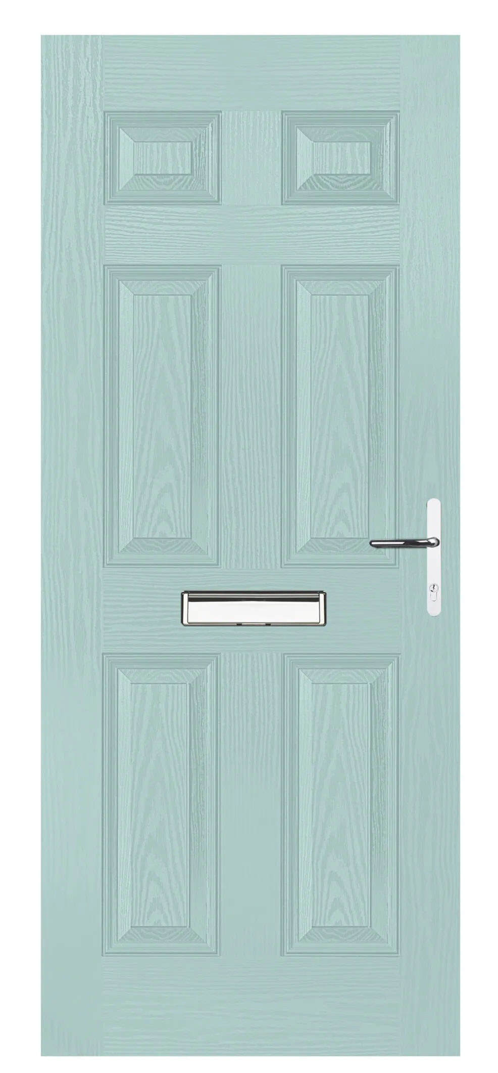 Six-panel light blue door with a silver mail slot and handle on the right side.
