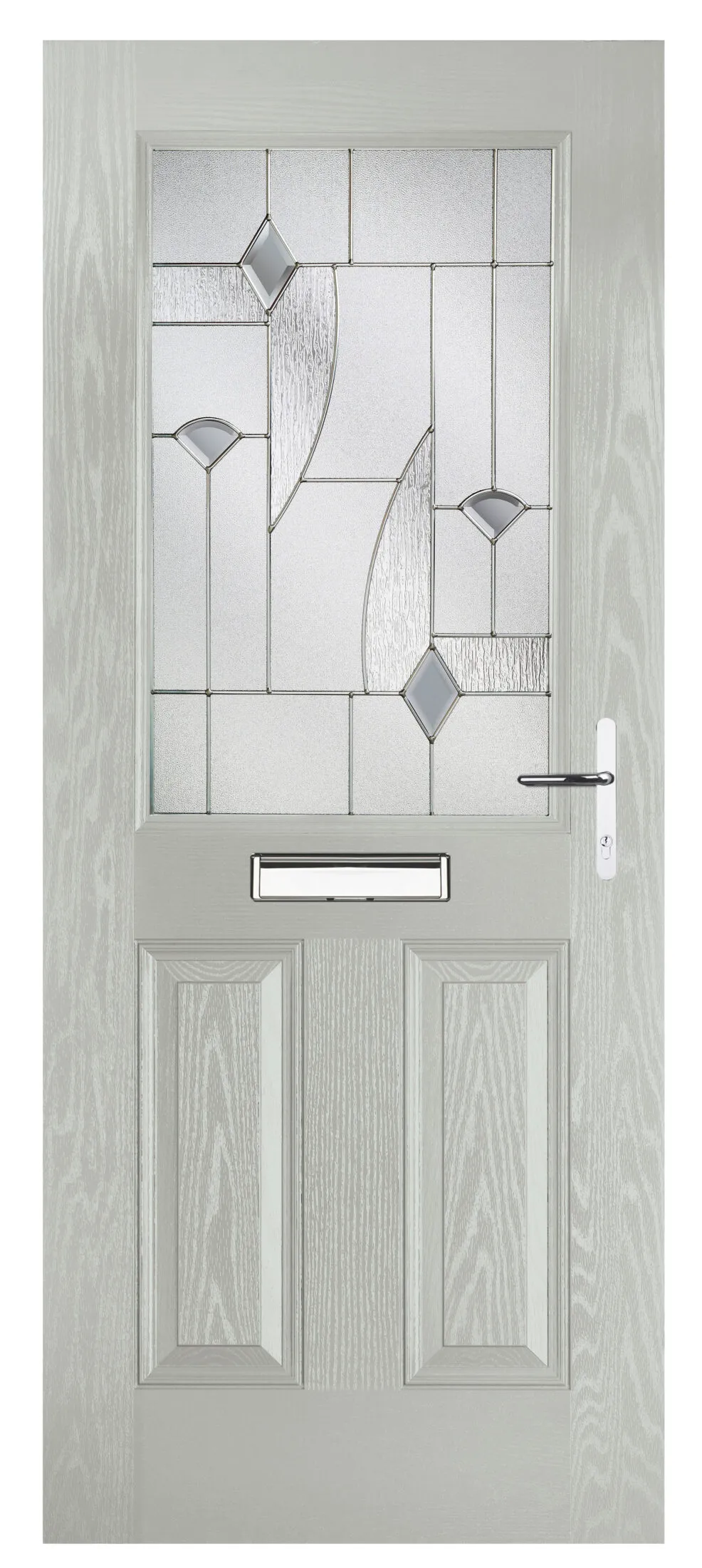 Light grey door with decorative frosted and clear glass panel featuring geometric patterns, a silver mail slot, and a silver handle with keyhole.