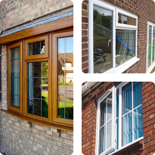 Three different house windows: a wooden framed bay window, a white plastic framed window with one open pane, and a white framed window open outward on a brick wall.