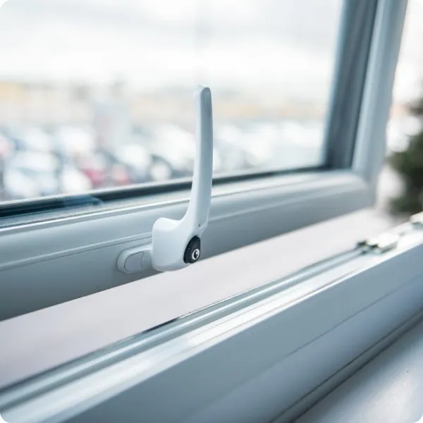Close-up of a white window handle on a modern double-glazed window slightly open.