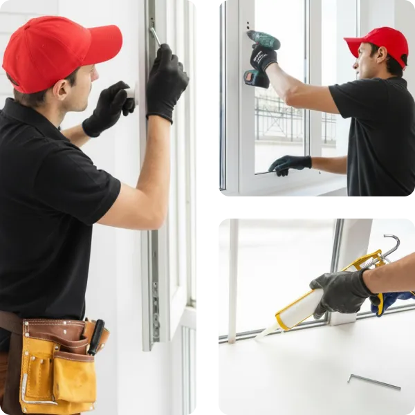 Collage of a technician in a red cap and black shirt repairing a white window using a screwdriver, a drill, and applying sealant with a caulking gun.