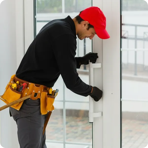 A repair technician wearing a red cap and tool belt fixing the handle of a white glass door.