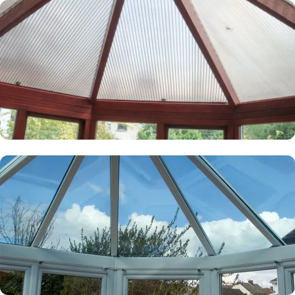 Before and after image of a conservatory roof replacement, showing an old opaque roof replaced with a clear glass roof with white framing.
