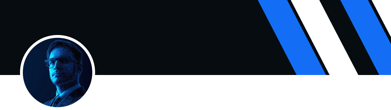 Profile photo of a man with glasses in blue lighting and digital wireframe effects, against a black background with blue and white diagonal stripes.