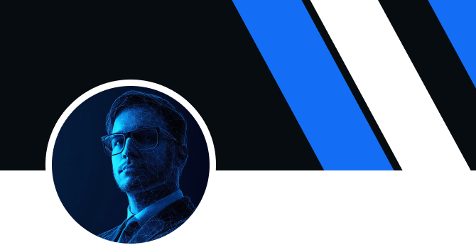 Profile photo of a man with glasses and a suit, illuminated with a blue digital mesh effect, on a background with black, blue, and white diagonal stripes.
